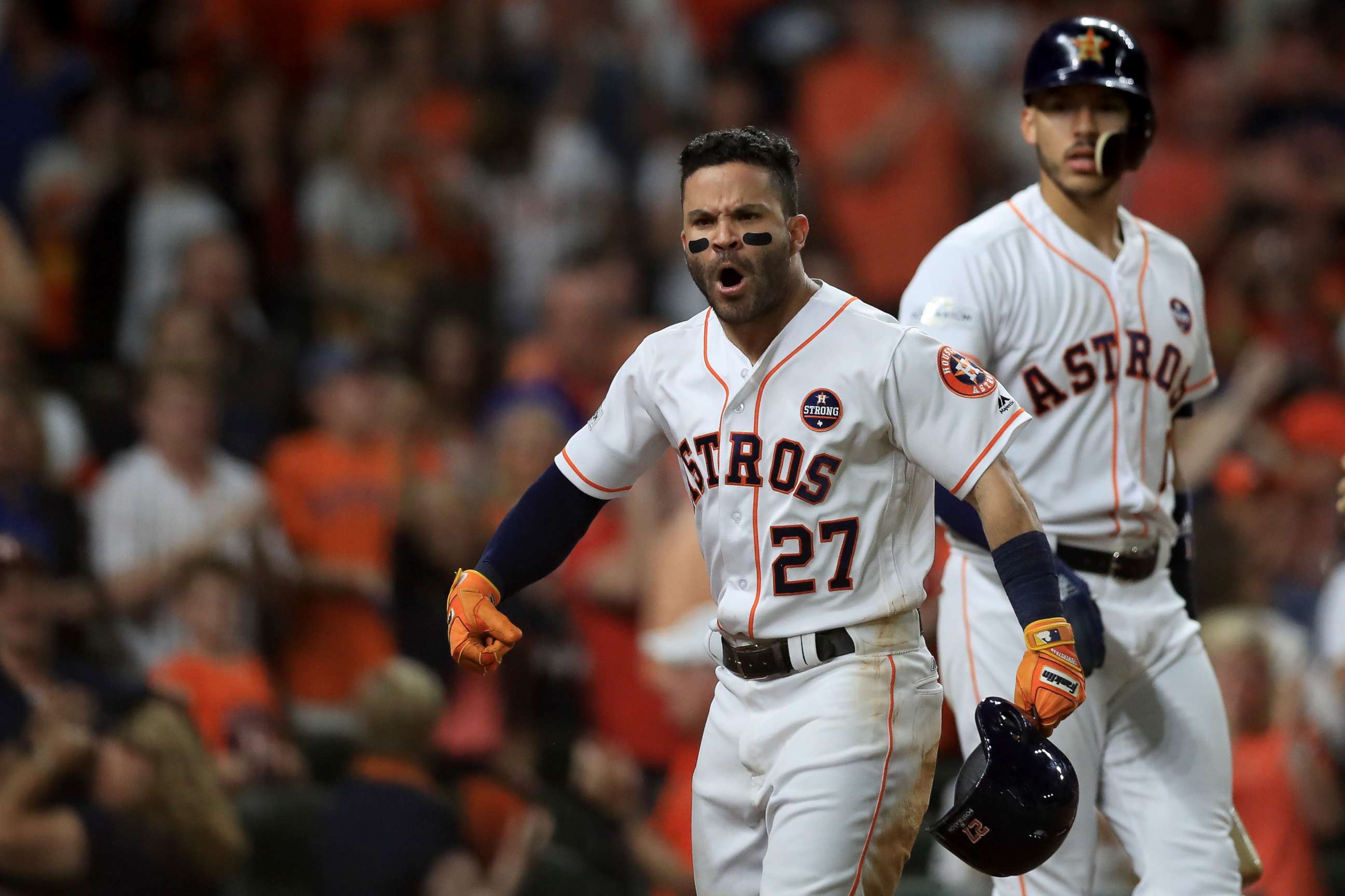 PHOTO: Jose Altuve of the Houston Astros celebrates after hitting a solo home run against the New York Yankees during at Minute Maid Park on Oct. 21, 2017 in Houston.