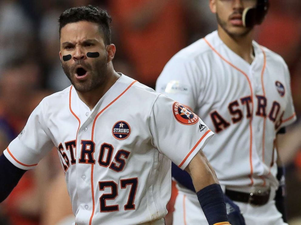 PHOTO: Jose Altuve of the Houston Astros celebrates after hitting a solo home run against the New York Yankees during at Minute Maid Park on Oct. 21, 2017 in Houston.