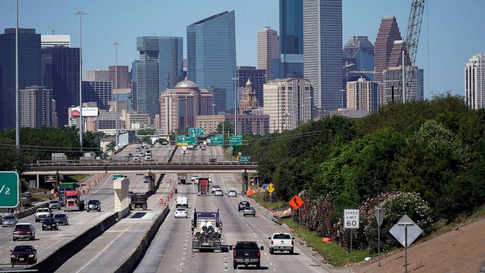 PHOTO: Traffic moves along Interstate 10, April 30, 2020, near downtown Houston during the coronavirus pandemic which shut down much of Houston's economic activity.