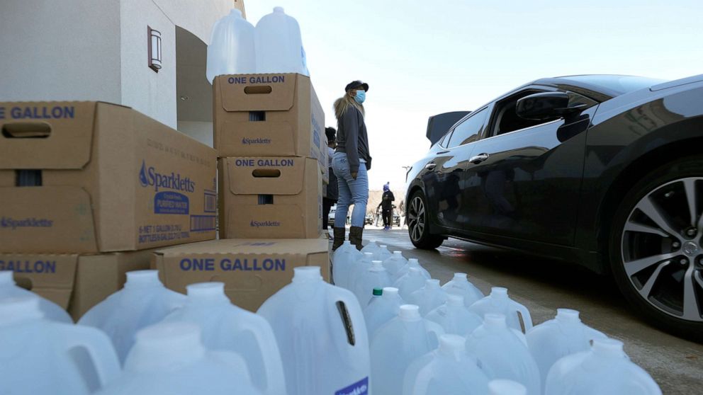 PHOTO: Volunteers prepare to hand out water during a water distribution event at the Fountain Life Center on Feb. 20, 2021 in Houston, Texas.