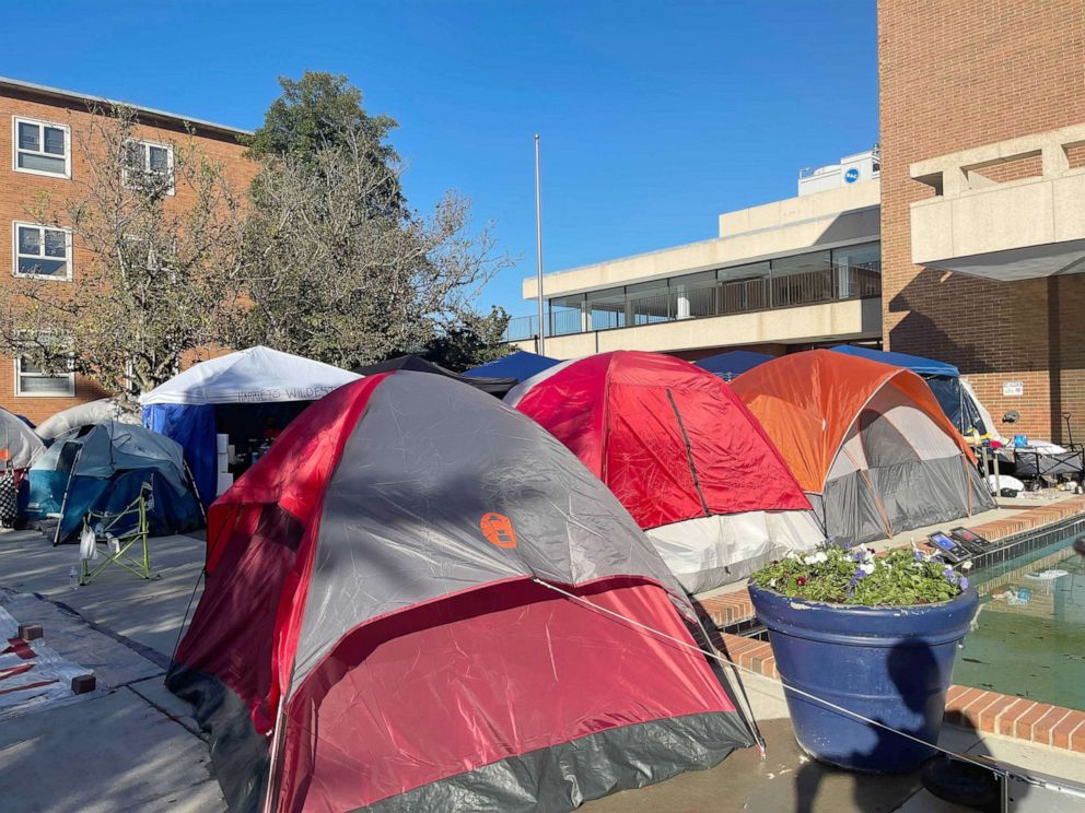 PHOTO: Howard University students set up a tent encampment on their Washington, D.C. campus, on Oct. 21, 2021, to protest what they deem "dangerous" and "unlivable" housing conditions in their campus dormitories.