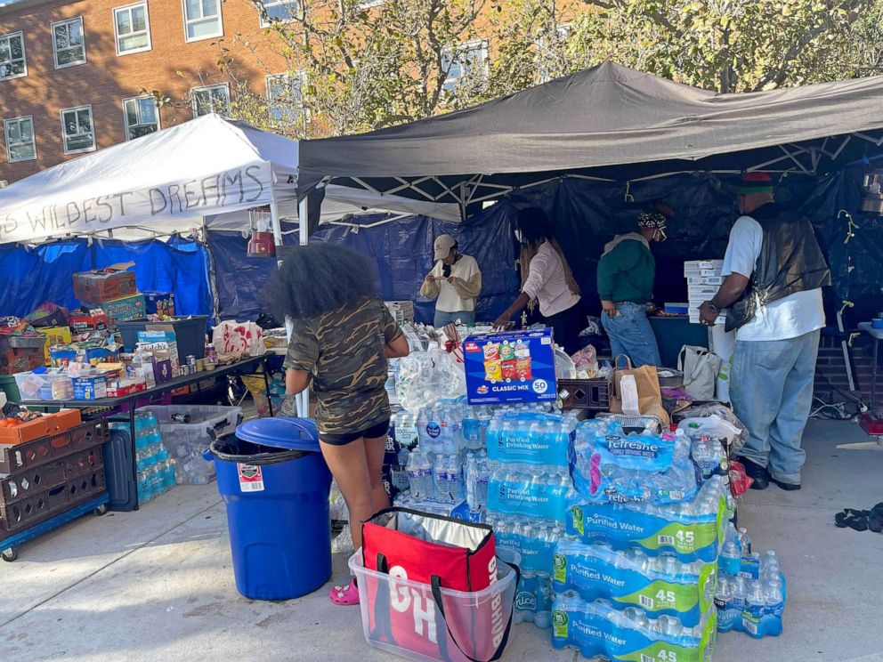 PHOTO: An outdoor pantry provides resources for Howard University students who set up a tent encampment on their Washington, D.C. campus, Oct. 21, 2021, protesting what they deem "dangerous" and "unlivable" housing conditions in their campus dormitories.