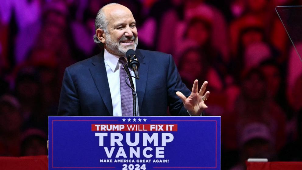 PHOTO: Howard Lutnick, Chairman and CEO of Cantor Fitzgerald and Co-Chair of the Trump 2024 Transition Team speaks at a rally for former President and Republican presidential candidate Donald Trump at Madison Square Garden in New York, Oct. 27, 2024.