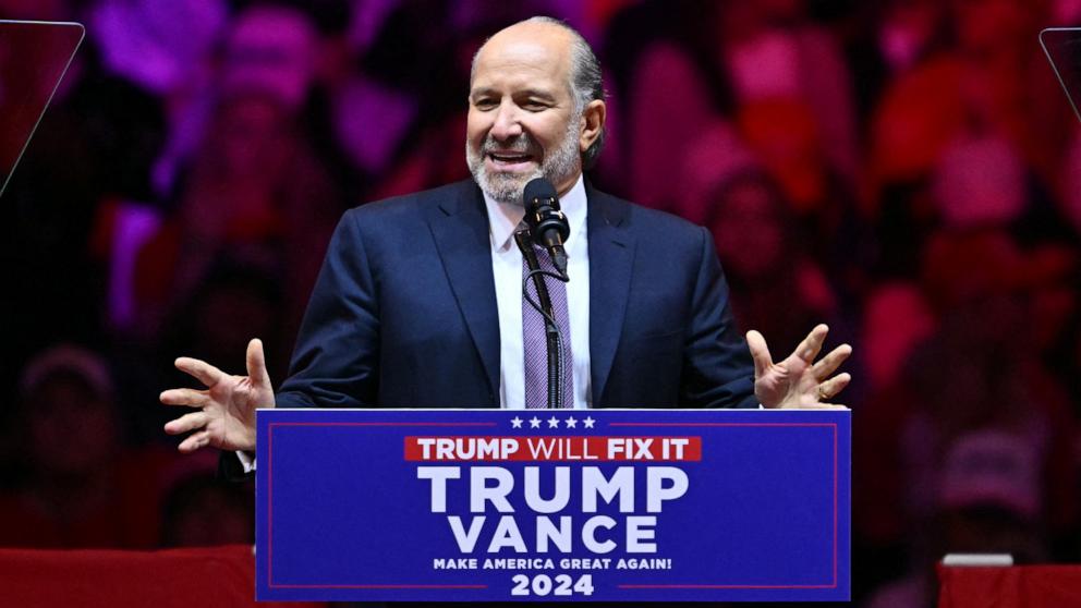 PHOTO: Howard Lutnick, Chairman and CEO of Cantor Fitzgerald and Co-Chair of the Trump 2024 Transition Team speaks at a rally for former US President and Republican presidential candidate Donald Trump at Madison Square Garden in New York, Oct. 27, 2024.