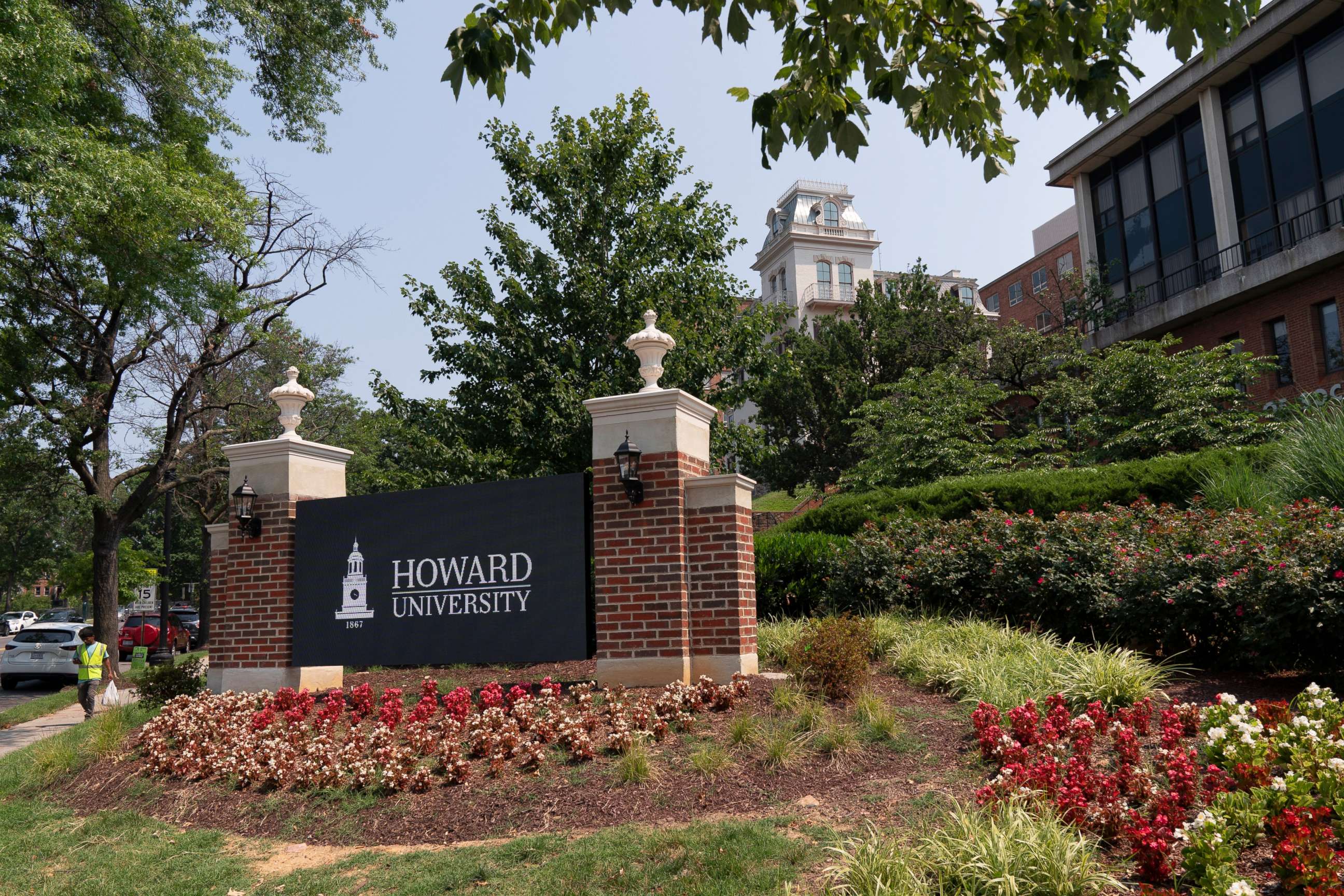 PHOTO: In this July 6, 2021, file photo, an electronic signboard welcomes people to the Howard University campus in Washington.