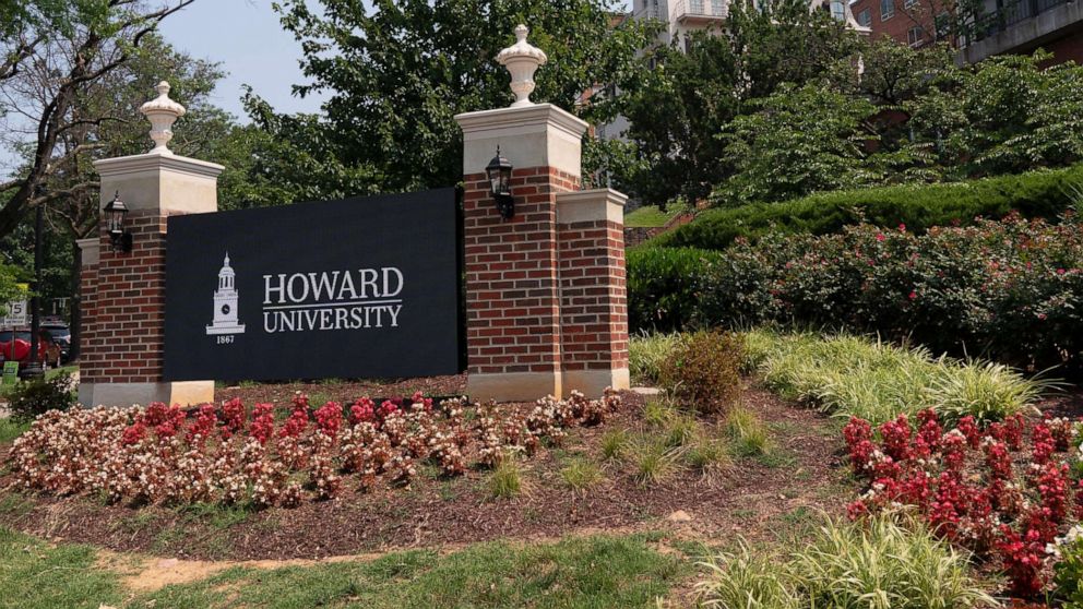 PHOTO: In this July 6, 2021, file photo, an electronic signboard welcomes people to the Howard University campus in Washington.
