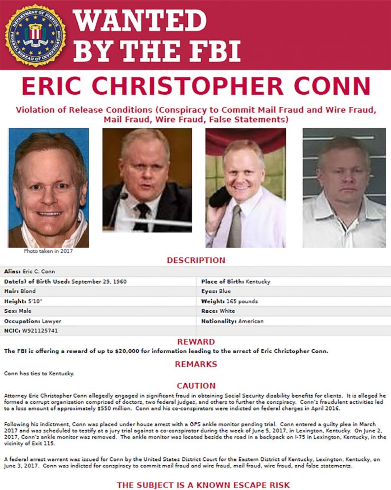 PHOTO: The FBI released a wanted poster for Kentucky lawyer Eric Christopher Conn who  was indicted on federal charges in April 2016.