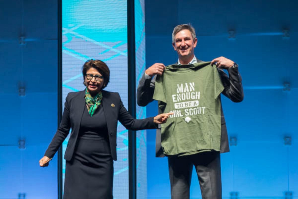 PHOTO: The CEO of Girl Scouts USA, Sylvia Acevedo, and Mark Anderson, the President of Palo Alto Networks, a cybersecurity company, discuss their new partnership aimed at teaching girls about cybersecurity.