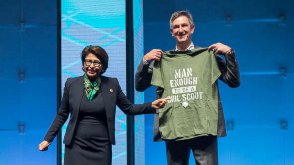 PHOTO: The CEO of Girl Scouts USA, Sylvia Acevedo, and Mark Anderson, the President of Palo Alto Networks, a cybersecurity company, discuss their new partnership aimed at teaching girls about cybersecurity.