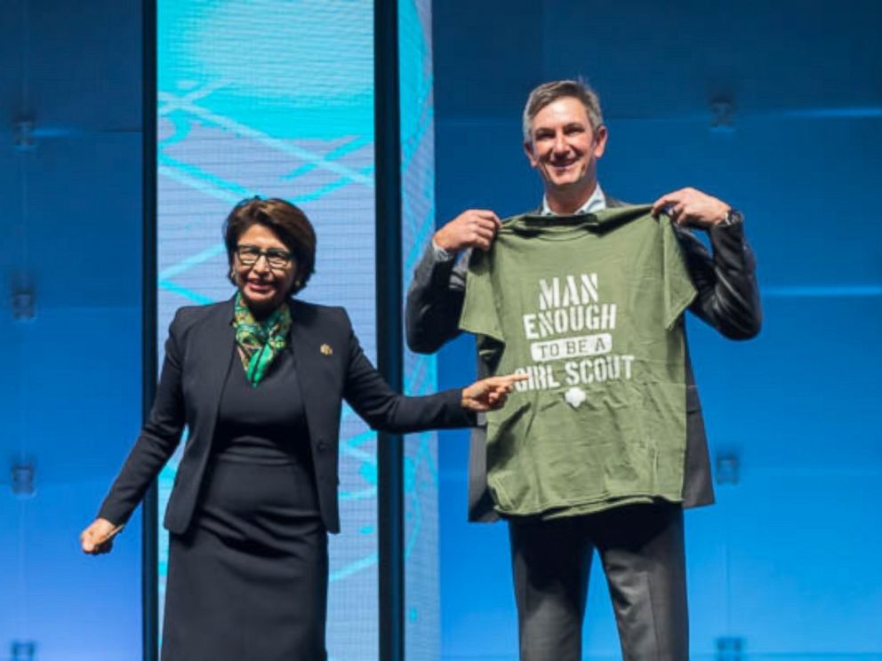 PHOTO: The CEO of Girl Scouts USA, Sylvia Acevedo, and Mark Anderson, the President of Palo Alto Networks, a cybersecurity company, discuss their new partnership aimed at teaching girls about cybersecurity.