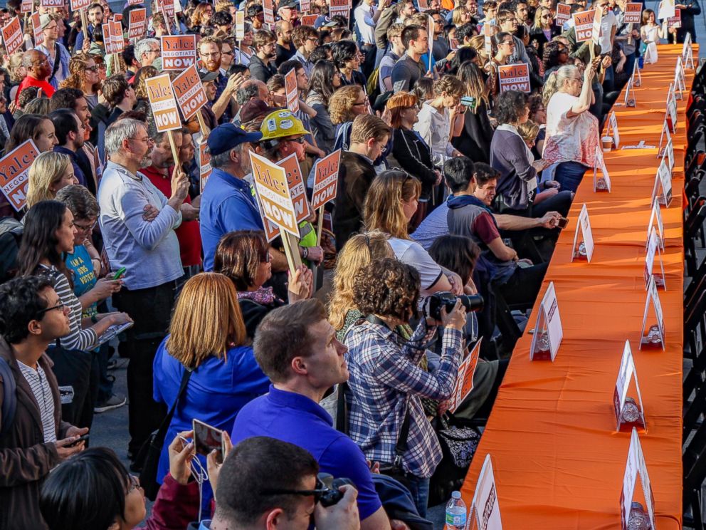PHOTO: People gather at Yale University in support of graduate student teachers on hunger strike in April, 2017.