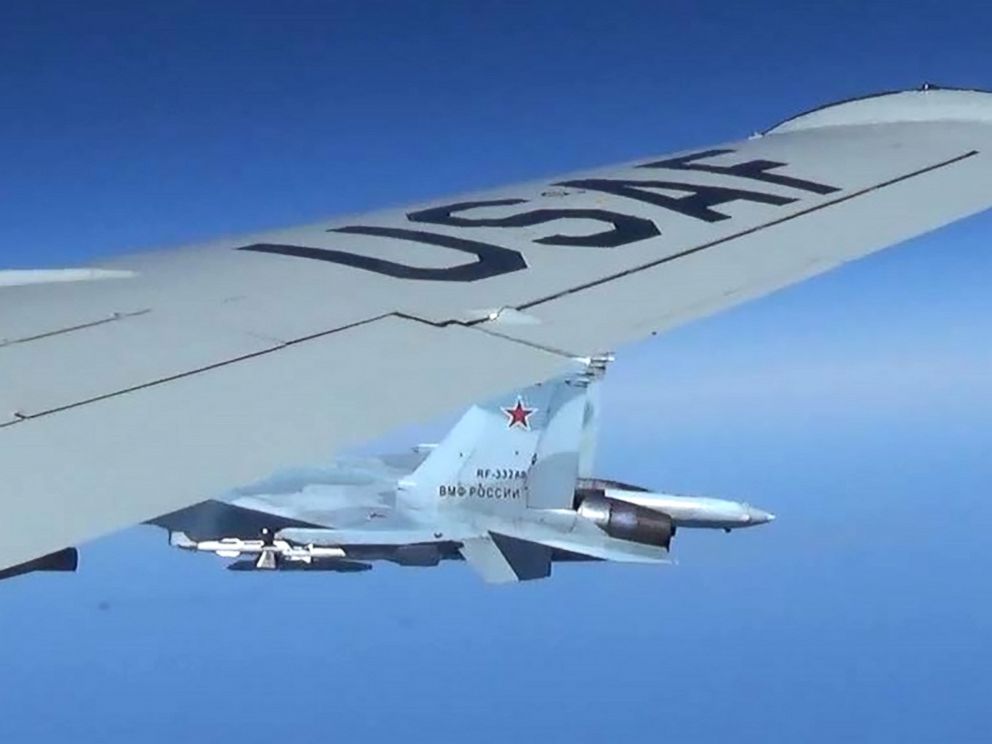 PHOTO: A Russian SU-27 Flanker fighter flies as close as five feet from a RC-135 U.S. Air Force reconnaissance aircraft which was flying in international airspace over the Baltic Sea, June 19, 2017.