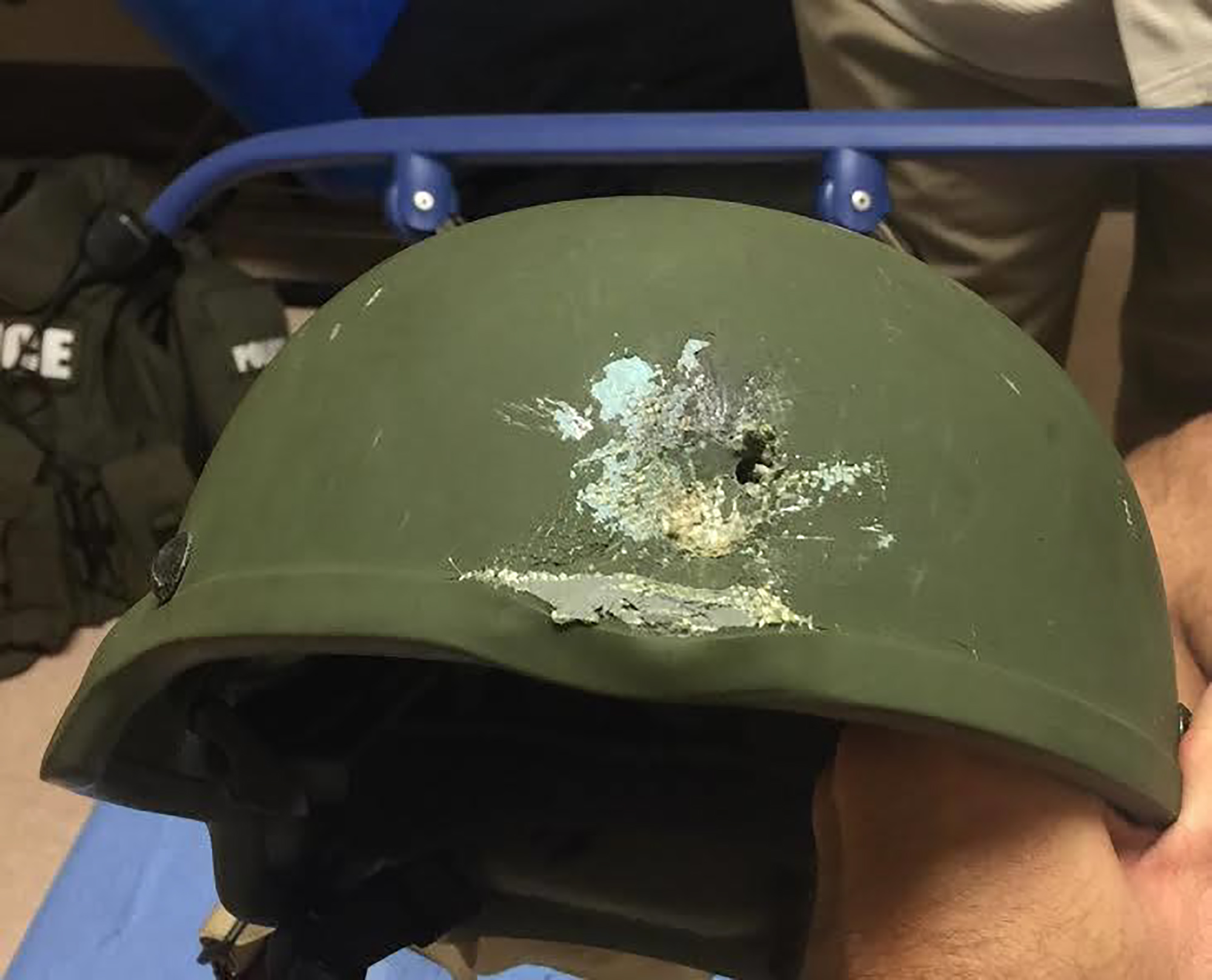 PHOTO: An image released by the Orlando Police shows the helmet of a SWAT officer who was struck in the head by gunfire while responding to the shooting at the Pulse Nightclub on June 12, 2016 in Orlando, Fla. 