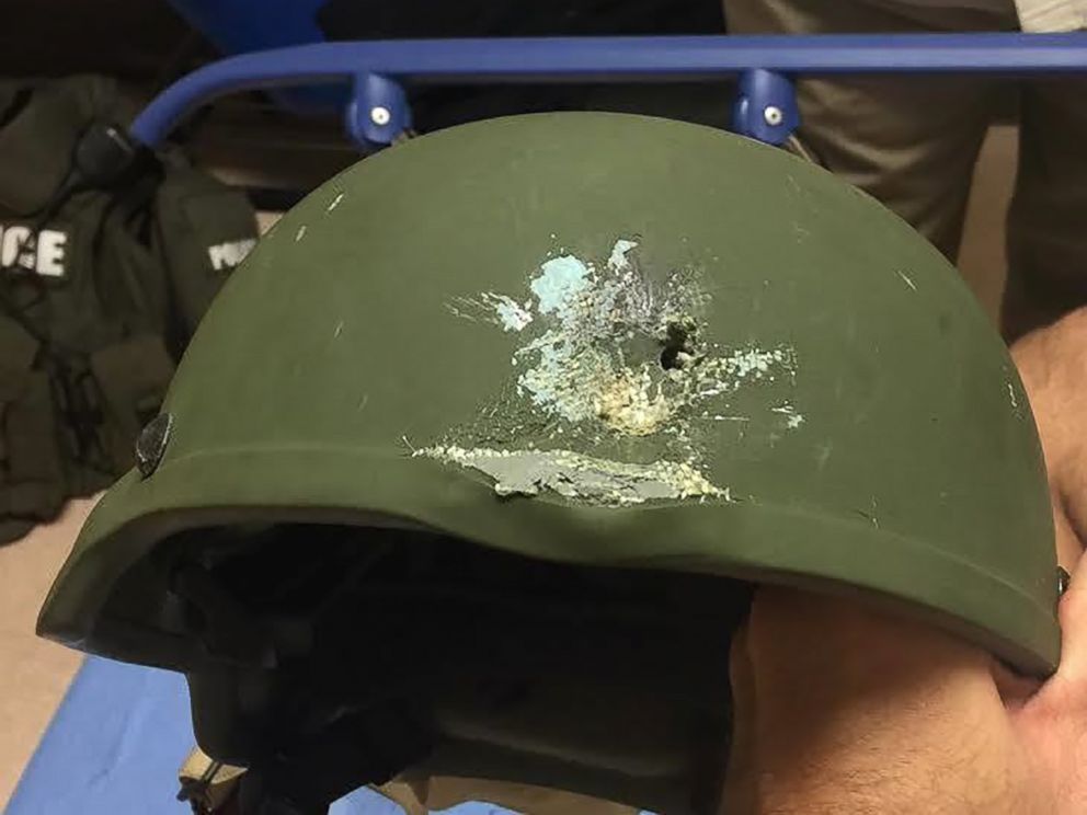 PHOTO: An image released by the Orlando Police shows the helmet of a SWAT officer who was struck in the head by gunfire while responding to the shooting at the Pulse Nightclub on June 12, 2016 in Orlando, Fla.