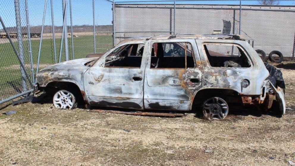 PHOTO: Rock County Sheriff's Office in Wisconsin released this image of the burned-out car they say belongs to Joseph Jakubowski. They say Jakubowski is a gun-theft suspect who is armed and dangerous.