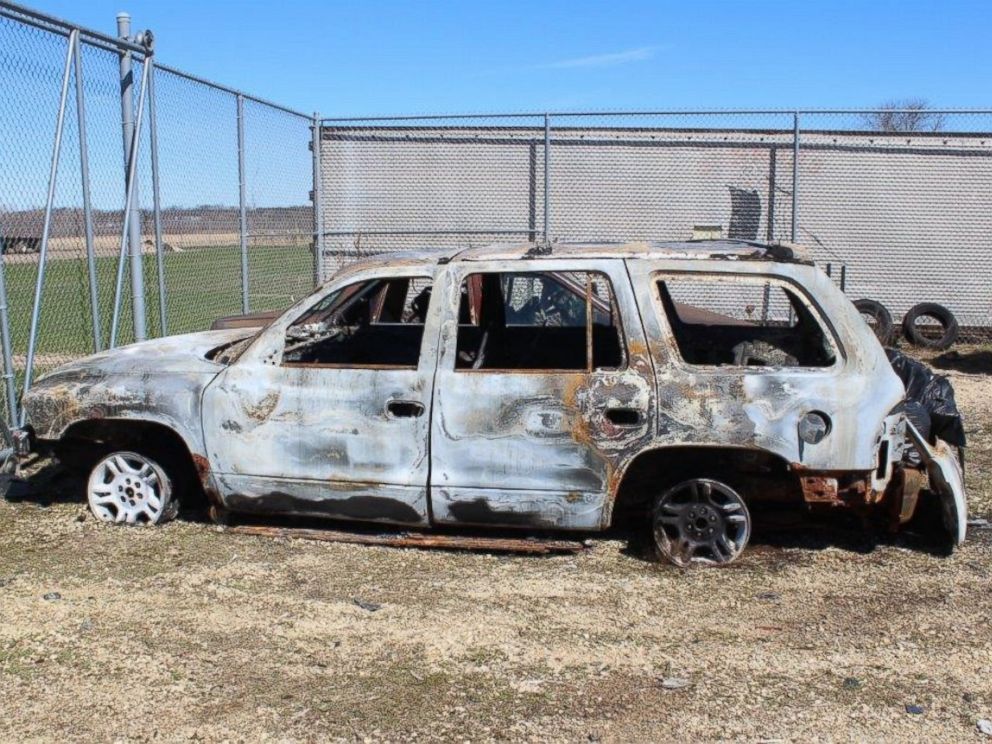 PHOTO: Rock County Sheriffs Office in Wisconsin released this image of the burned-out car they say belongs to Joseph Jakubowski. They say Jakubowski is a gun-theft suspect who is armed and dangerous.