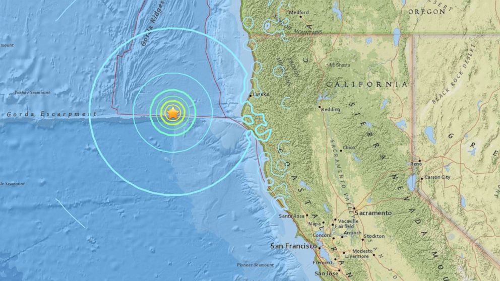 A map from the USGS Earthquake Hazards Program shows the epicenter of a 6.5 magnitude earthquake that struck off of the coast of California on Dec. 8, 2016.