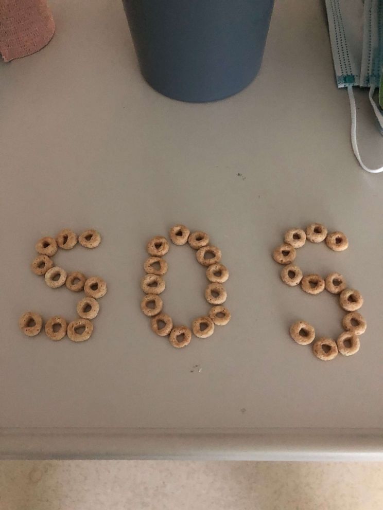 Dr. Renee Eger spelled out "S.O.S." with Cheerios. 