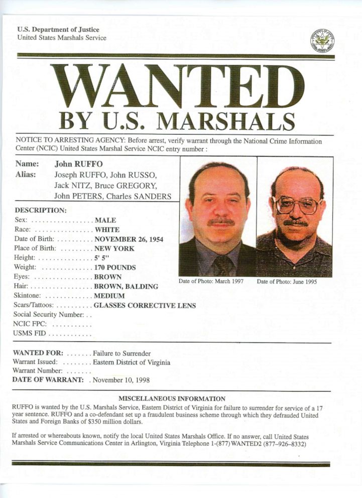 U.S. Marshals' wanted poster for John Ruffo.