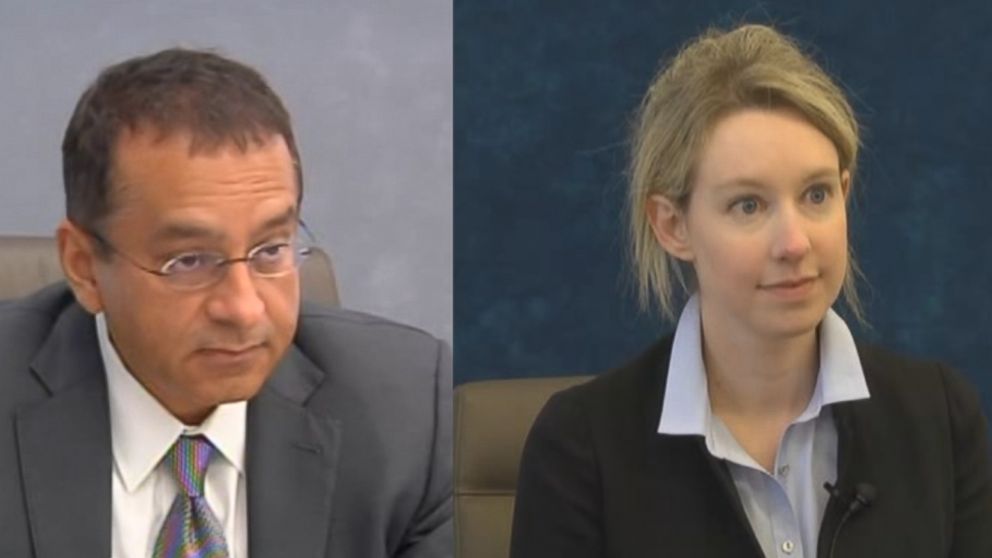 Ramesh 'Sunny' Balwani (left) and Elizabeth Holmes (right) are seen here during their 2017 depositions with the Securities and Exchange Commission.