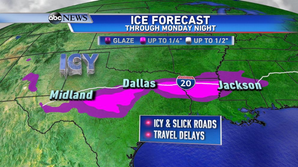 PHOTO: Freezing rain will lead to icy roads and possible travel delays across parts of the South on Monday.