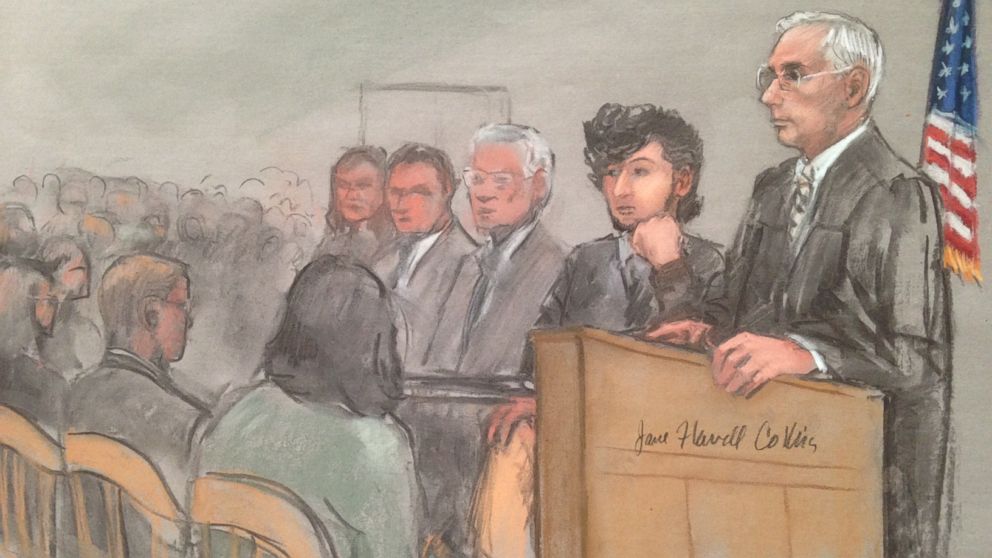 PHOTO: In this courtroom sketch, Boston Marathon bombing suspect Dzhokhar Tsarnaev, second from right, is depicted with his lawyers beside U.S. District Judge O'Toole Jr., right, at the federal courthouse, Jan. 5, 2015, in Boston.
