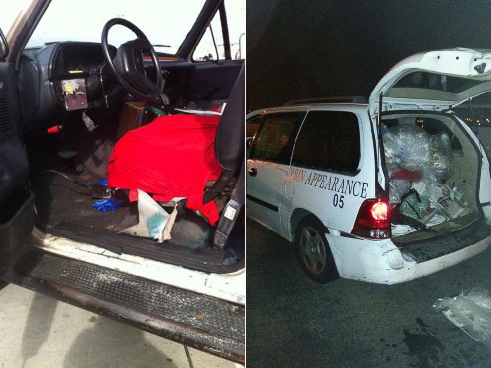 PHOTO: Vans that are driven by cabin cleaners are packed with trash from flights.