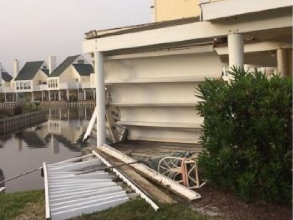 PHOTO: A second-floor wooden balcony collapsed at a condominium in Destin, Florida, on March 1, 2017.