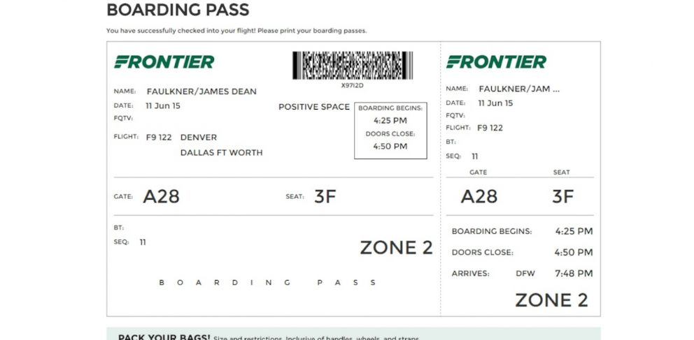 PHOTO: Fronteir Arlines is removing departure time from their boarding passes. 