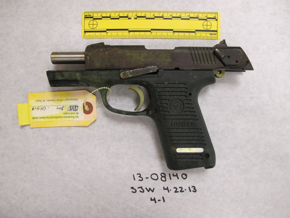 PHOTO: Evidence presented against Dzhokhar Tsarnaev in the Boston Marathon bombing case included this Ruger 9mm pistol, allegedly used by the Tsarnaev brothers days after the marathon attack.