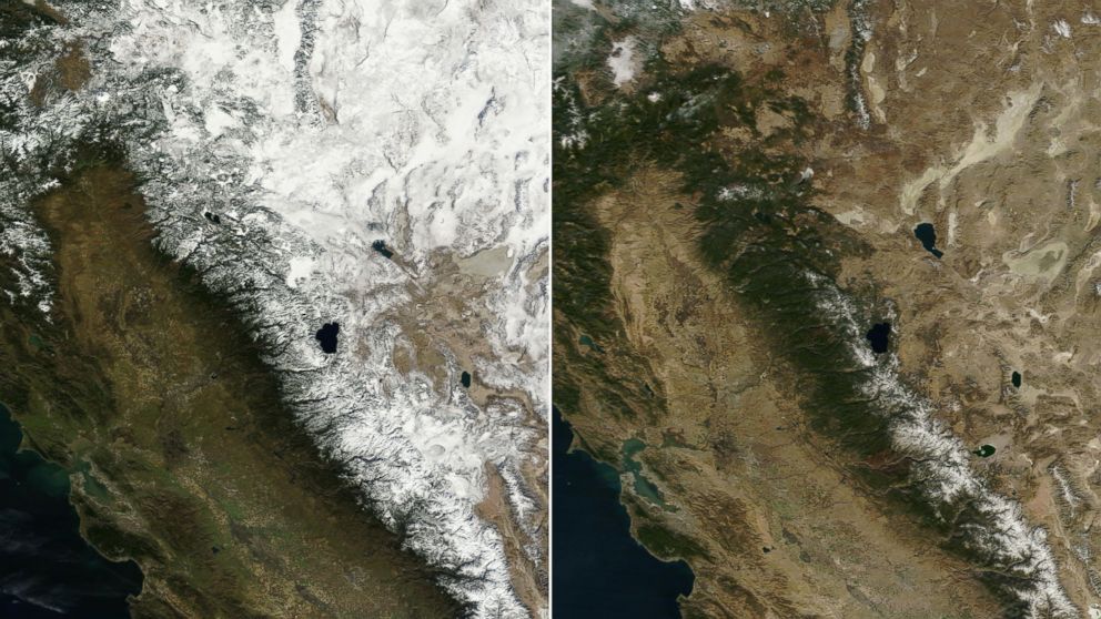 NASA's Terra satellite images made Jan. 18, 2013 and Jan. 18, 2014 illustrate California's depleted snowpack on the Sierra Nevada, Coast Range and Cascade Mountains.