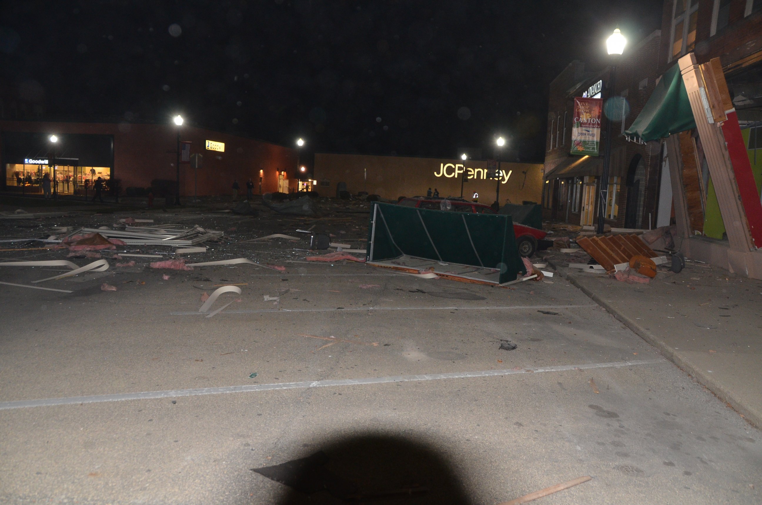PHOTO: Shops in Canton, Illinois, show damage after a possible gas explosion on November 16, 2016.