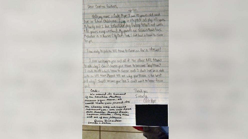 12-year old writes letter to all 32 NFL teams, only Panthers