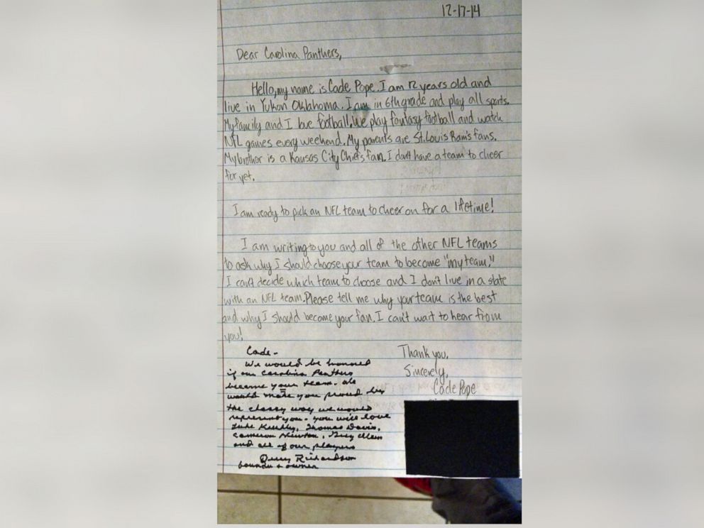 PHOTO: After a 12-year-old from Yukon, Oklahoma, hand-wrote letters to executives of 32 NFL teams, he was shocked to receive a personal response from the owner of the Carolina Panthers.
