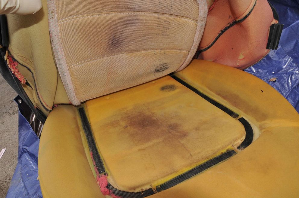 The passenger car seat from Cari Farver's car with the cover removed.
