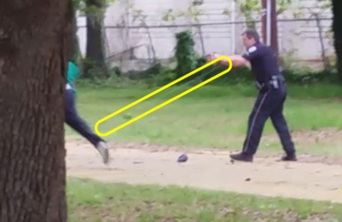 PHOTO: A sequence of images made from a bystander video shows Officer Michael Slager pursuing and then shooting Walter Scott in North Charleston, S.C. on April 4, 2015. The yellow highlighting has been added by ABC News.
