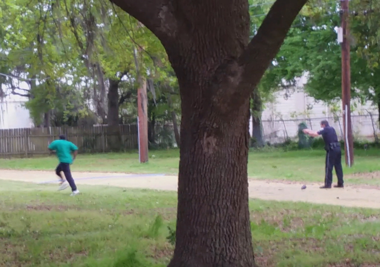 PHOTO: A sequence of images made from a bystander video shows Officer Michael Slager pursuing and then shooting Walter Scott in North Charleston, S.C. on April 4, 2015.