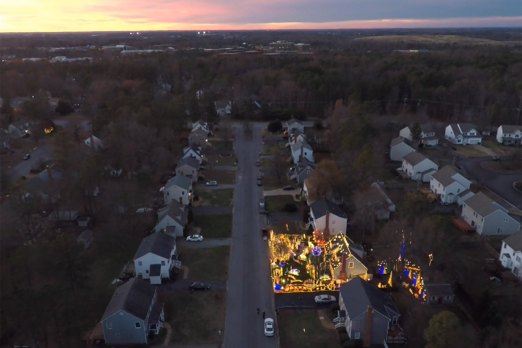 PHOTO: An aerial view of Al and Esther Thompson lit home.