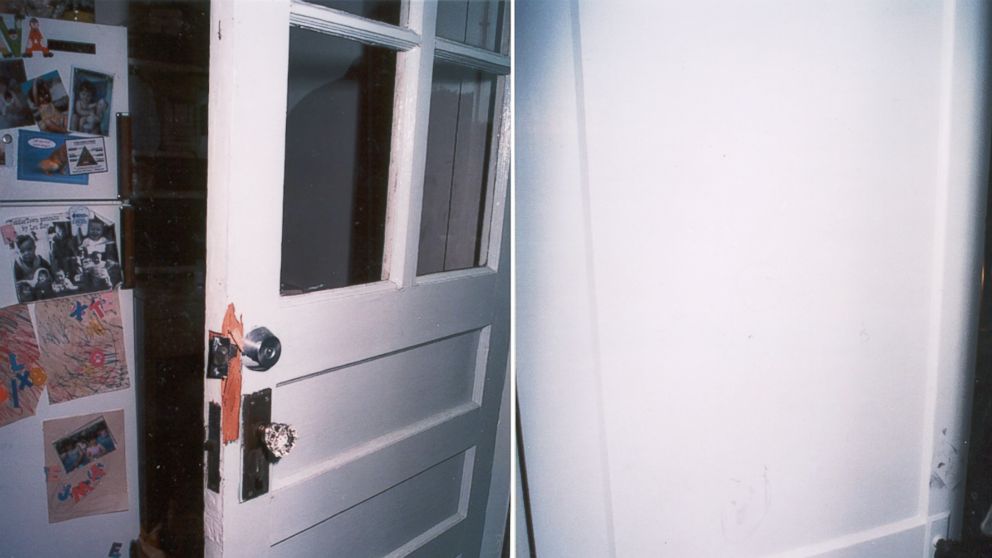 Crime scene photo shows a door at Christa Worthington's house after she was found dead.
