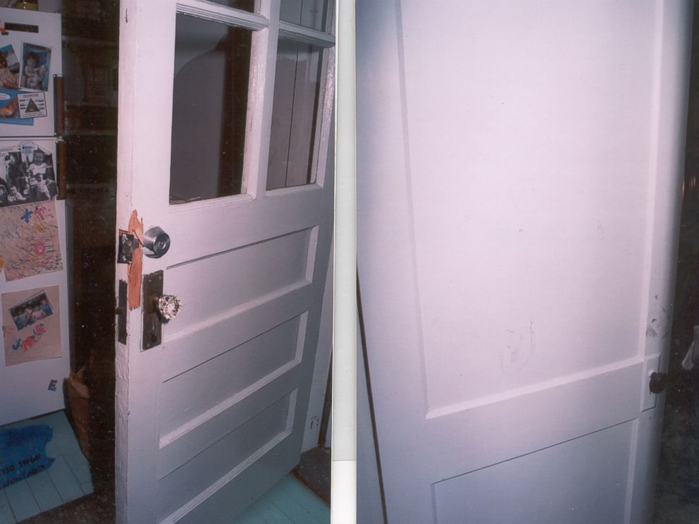 Crime scene photo shows a door at Christa Worthingtons house after she was found dead.