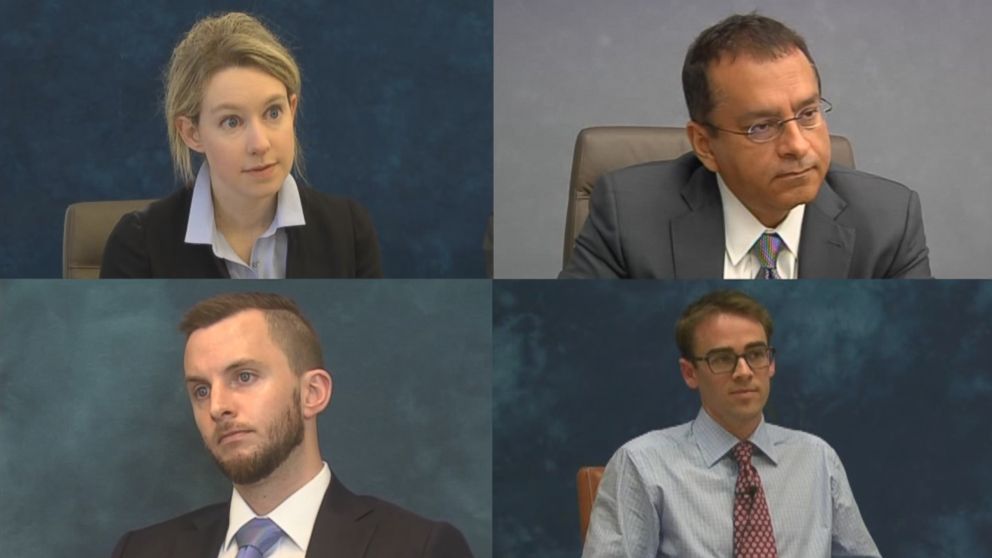 From left to right, Theranos CEO Elizabeth Holmes, Ramesh “Sunny” Balwani, her brother Christian and whistleblower Tyler Shultz are seen here during their depositions. 