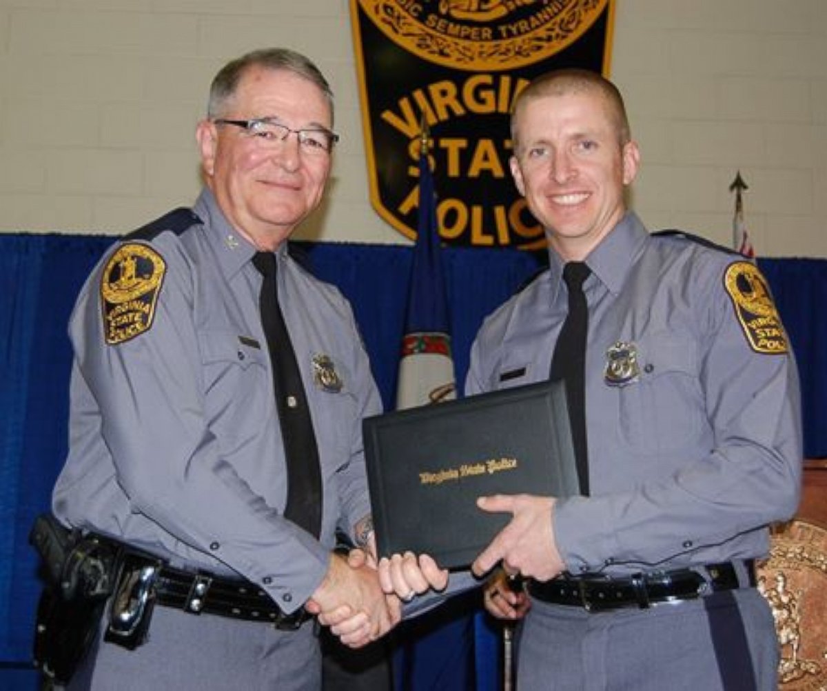 PHOTO: Virginia State Police Trooper Chad P. Dermyer (right) at his Virginia State Police Academy graduation in 2014. He is being presented his diploma by Col. W. Steven Flaherty of the Virginia State Police Superintendent. 