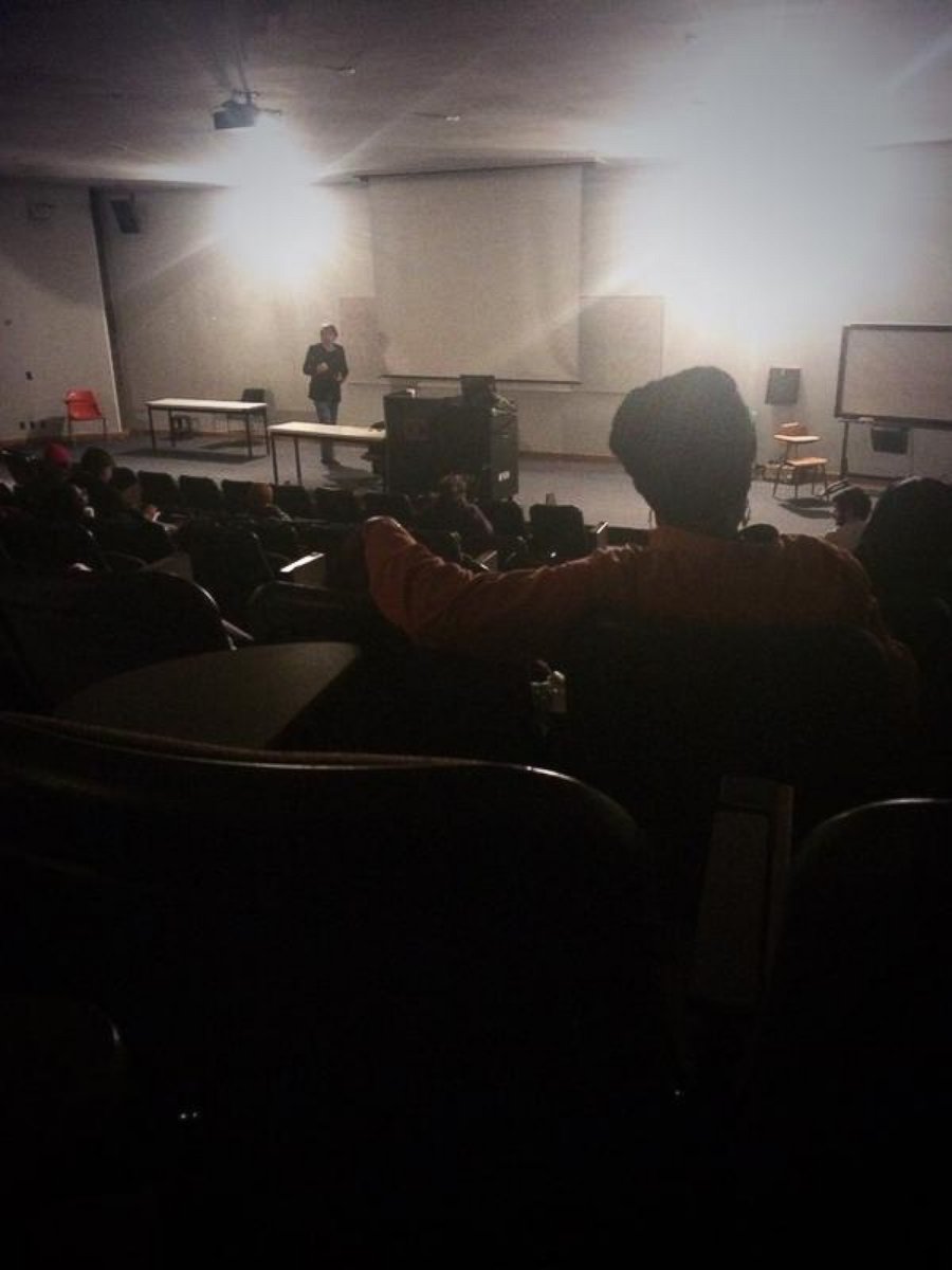 PHOTO: Kristin Shaw posted this photo to Twitter on Dec. 2, 2014 with the caption, "Detroit power outage hits class during infrastructure discussion - prof  keeps teaching in the dark. @waynestate"