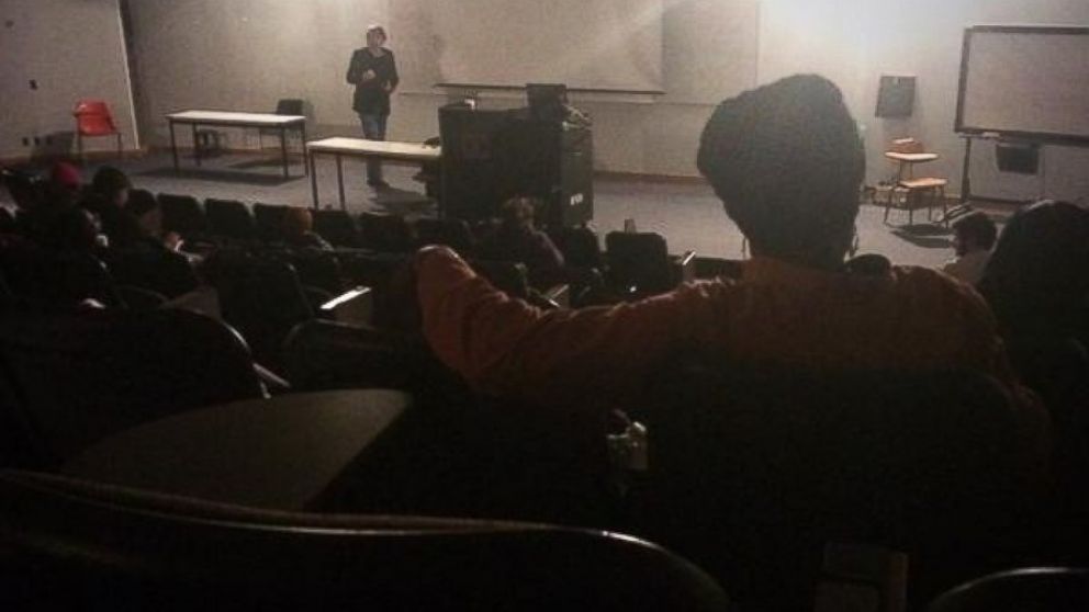 PHOTO: Kristin Shaw posted this photo to Twitter on Dec. 2, 2014 with the caption, "Detroit power outage hits class during infrastructure discussion - prof  keeps teaching in the dark. @waynestate"