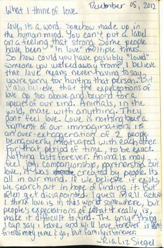 A sample from Victoria Siegel's diary, as published in the book, "Victoria's Voice: Our Daughter's Losing Battle with Drug Abuse."