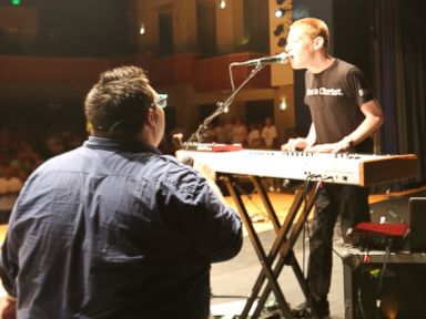 PHOTO: Christopher Duffley (right) performing on stage with SideWalk Prophets David Frey in Manchester, MD. July 23, 2016.