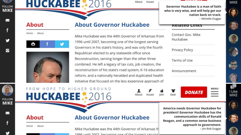 PHOTO: Michelle Jim Bob Duggar's photo and endorsement of Republican presidential candidate Mike Huckabee appeared on Huckabee's campaign website until earlier this week.