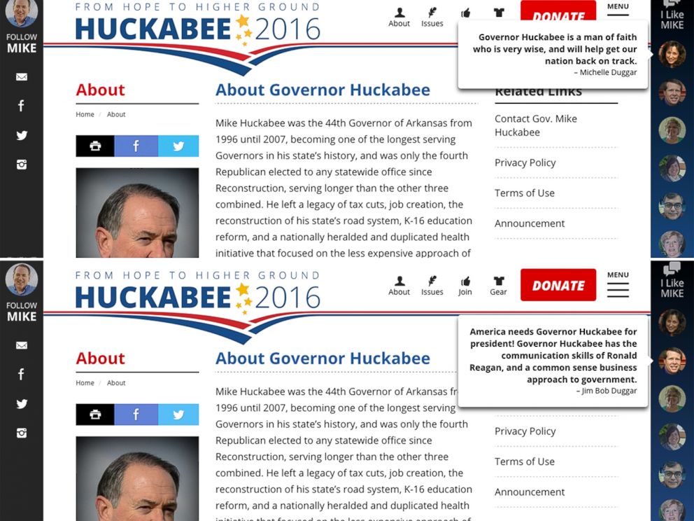 PHOTO: Michelle Jim Bob Duggar's photo and endorsement of Republican presidential candidate Mike Huckabee appeared on Huckabee's campaign website until earlier this week.