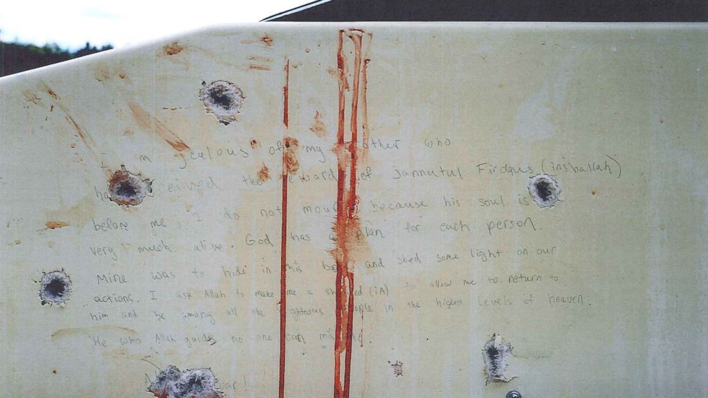 PHOTO: During the Boston Marathon bombing trial, prosecutors released images of the note written by alleged bomber Dzhokhar Tsarnaev on the wall of a dry-docked boat in which he was found hiding before he was arrested.