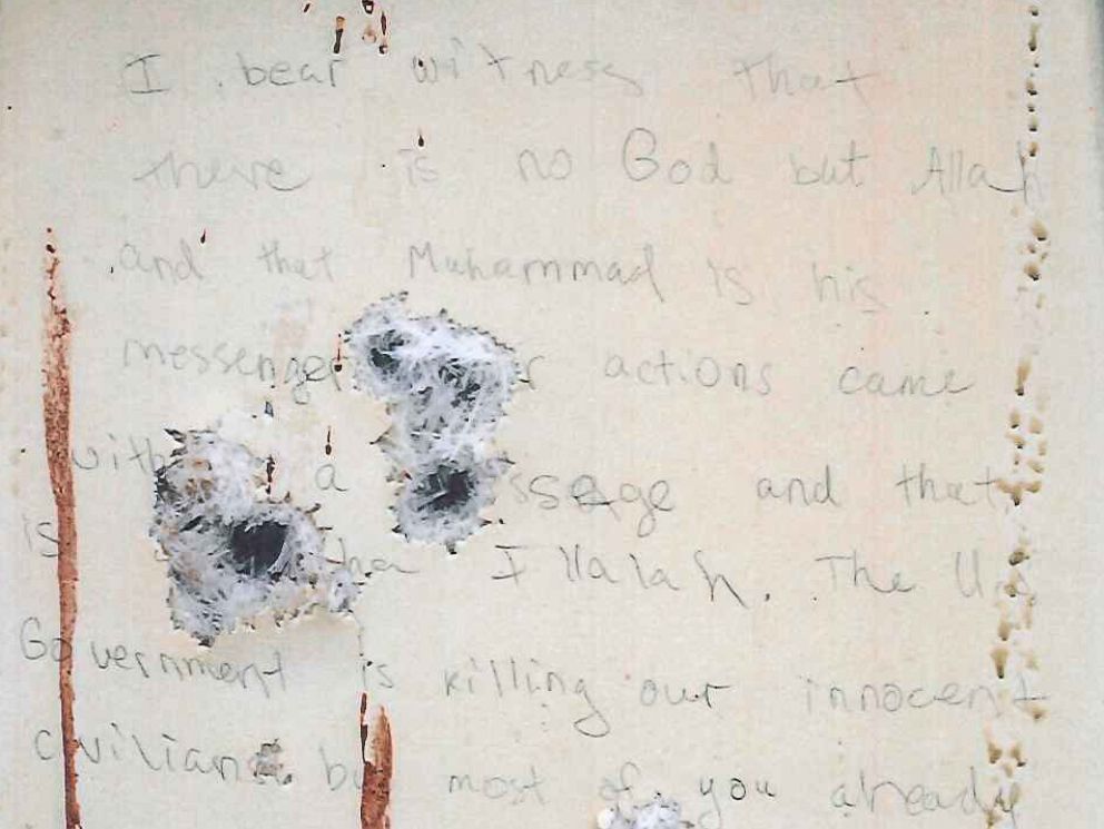 PHOTO: During the Boston Marathon bombing trial, prosecutors released images of the note written by alleged bomber Dzhokhar Tsarnaev on the wall of a dry-docked boat in which he was found hiding before he was arrested.